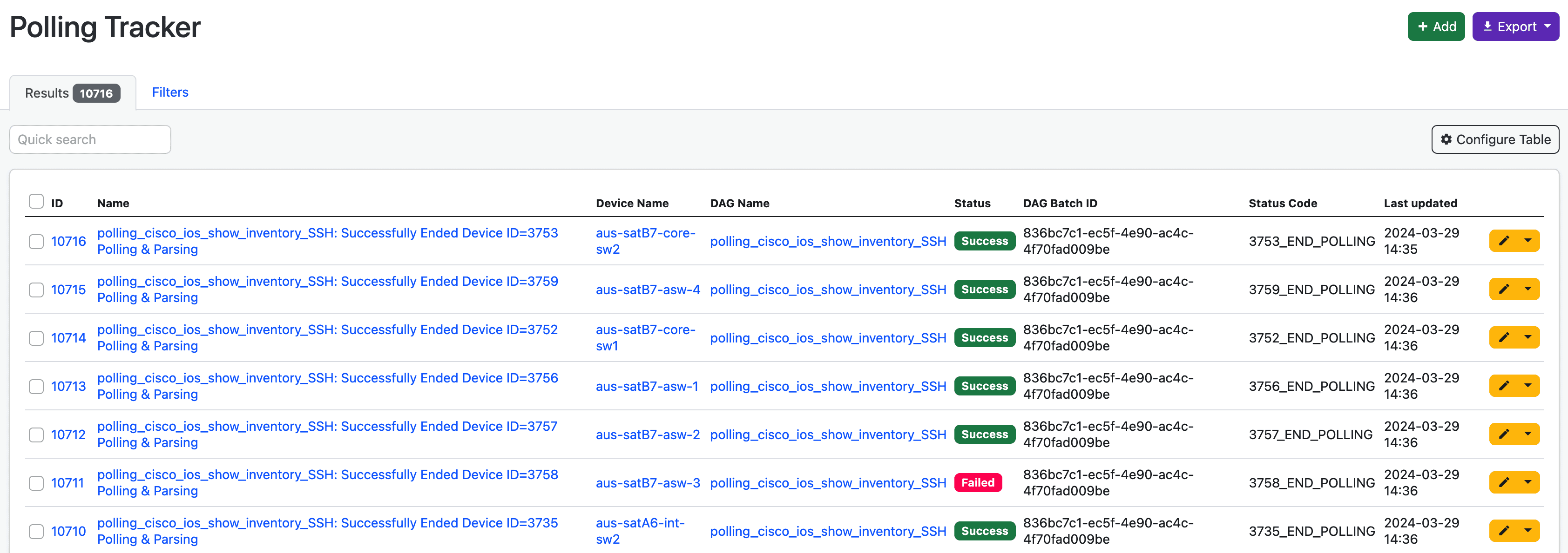 NetBox Fabric polling tracker recording DAG outcomes