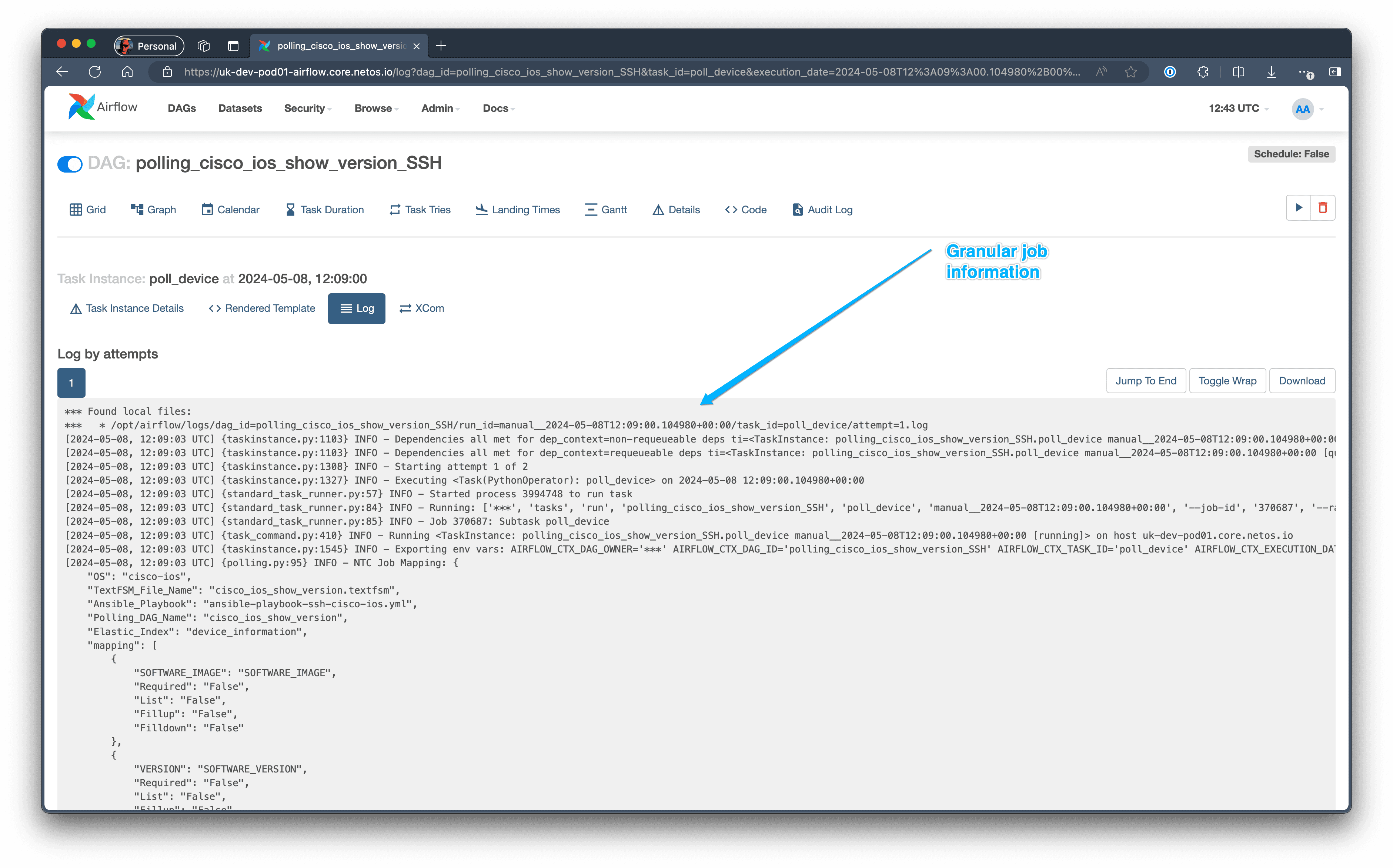 Airflow task log drill-down showing CLI interactions